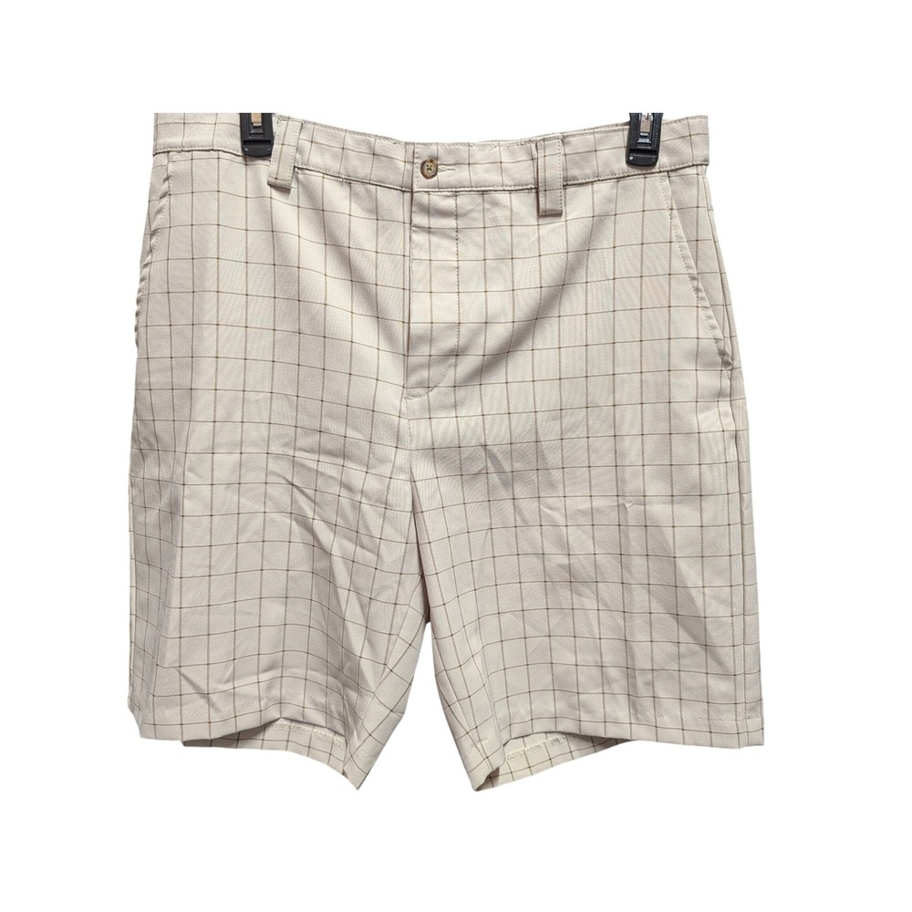 IZOD Chino Shorts Mens 38 Beige Excellent Grid Pattern Flat Front Golf Casual